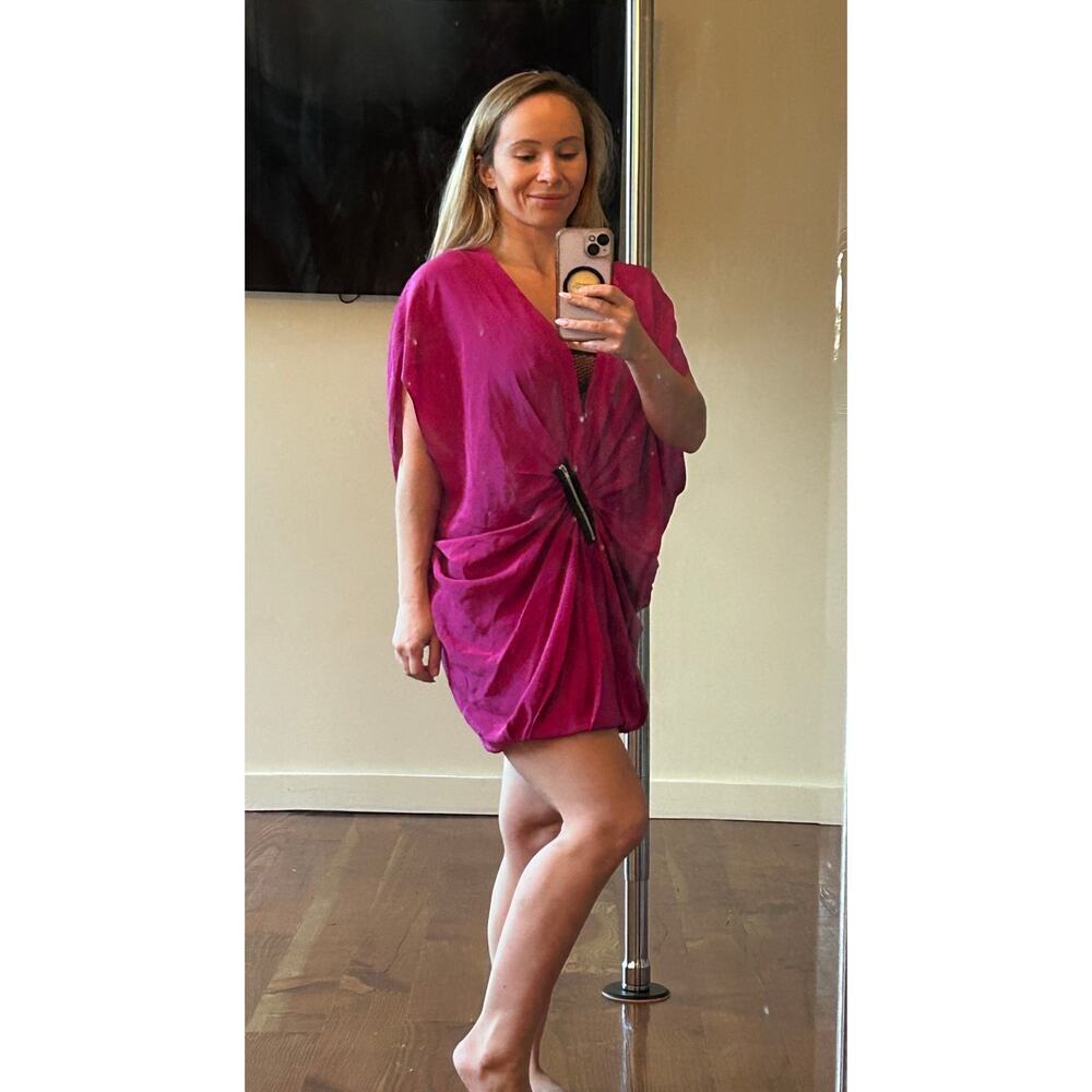 Foley + Corinna Magenta Silk Draped Mini Dress - Fishnet Detail - Small